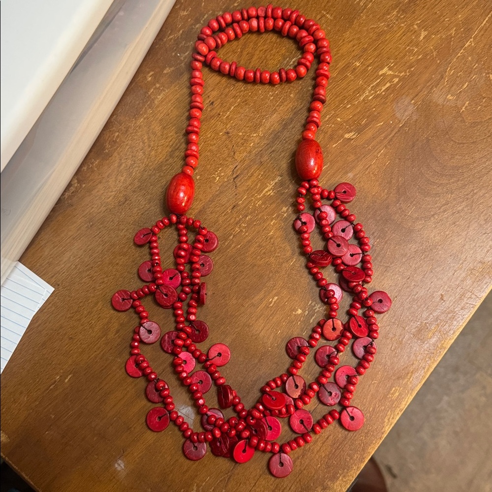Vintage Red Wooden Bead Statement Necklace